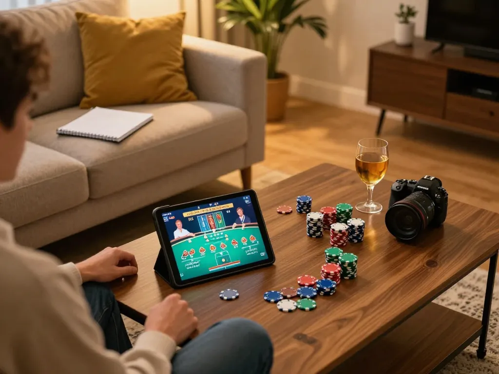 Engaging online poker session at home with 789win on a tablet, showcasing strategic gameplay.