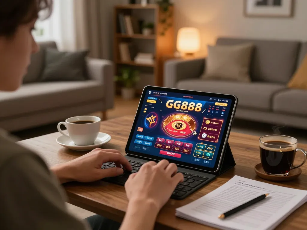 Engaging with GG888 casino gameplay on a tablet in a cozy home setting, highlighting strategic entertainment.