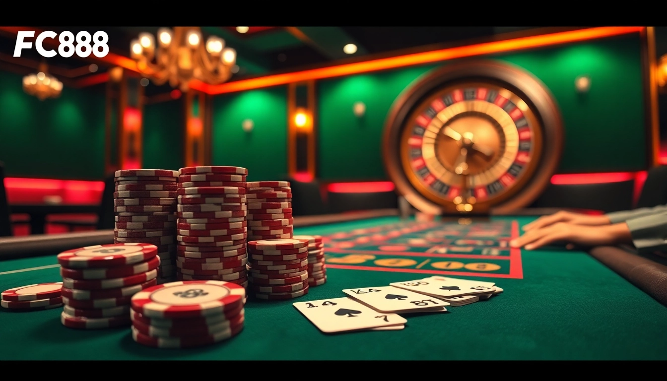 FC88 showcases an exciting casino atmosphere with vibrant poker tables and roulette wheels.