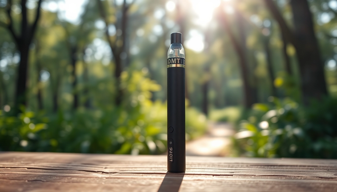 Buy DMT vape pen presented stylishly with tranquil nature backdrop emphasizing its allure.