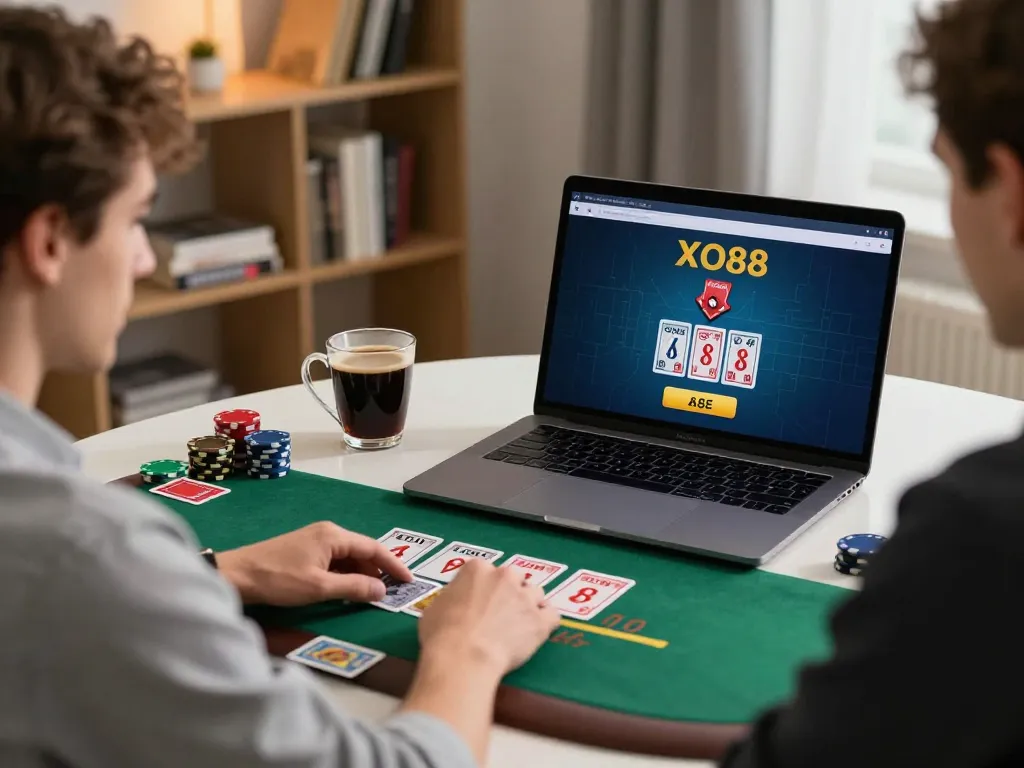 Player engaging in live blackjack on XO88, showcasing a modern home setup with a laptop and strategy notes.