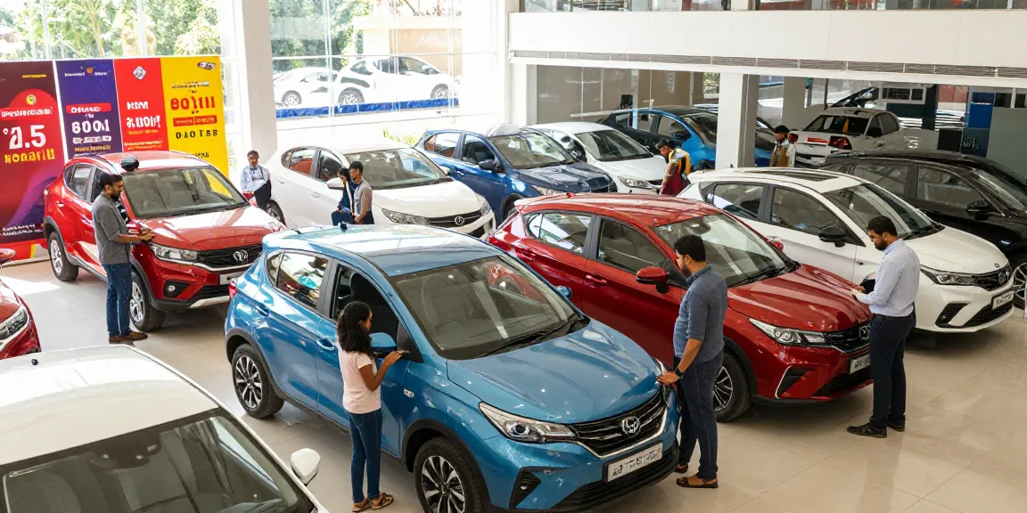 On Road Price in Ahmedabad showcased at a modern car dealership with families evaluating vehicles and promotional banners.