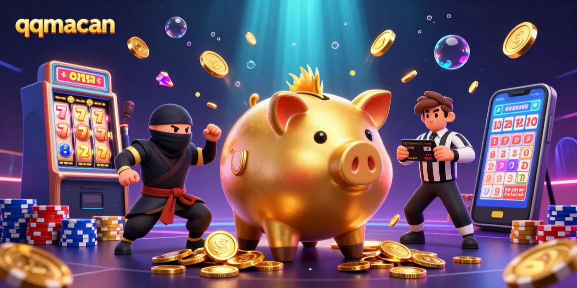 Mainkan permainan slot menarik di qqmacan dengan karakter berwarna cerah dan koin emas yang berhamburan.