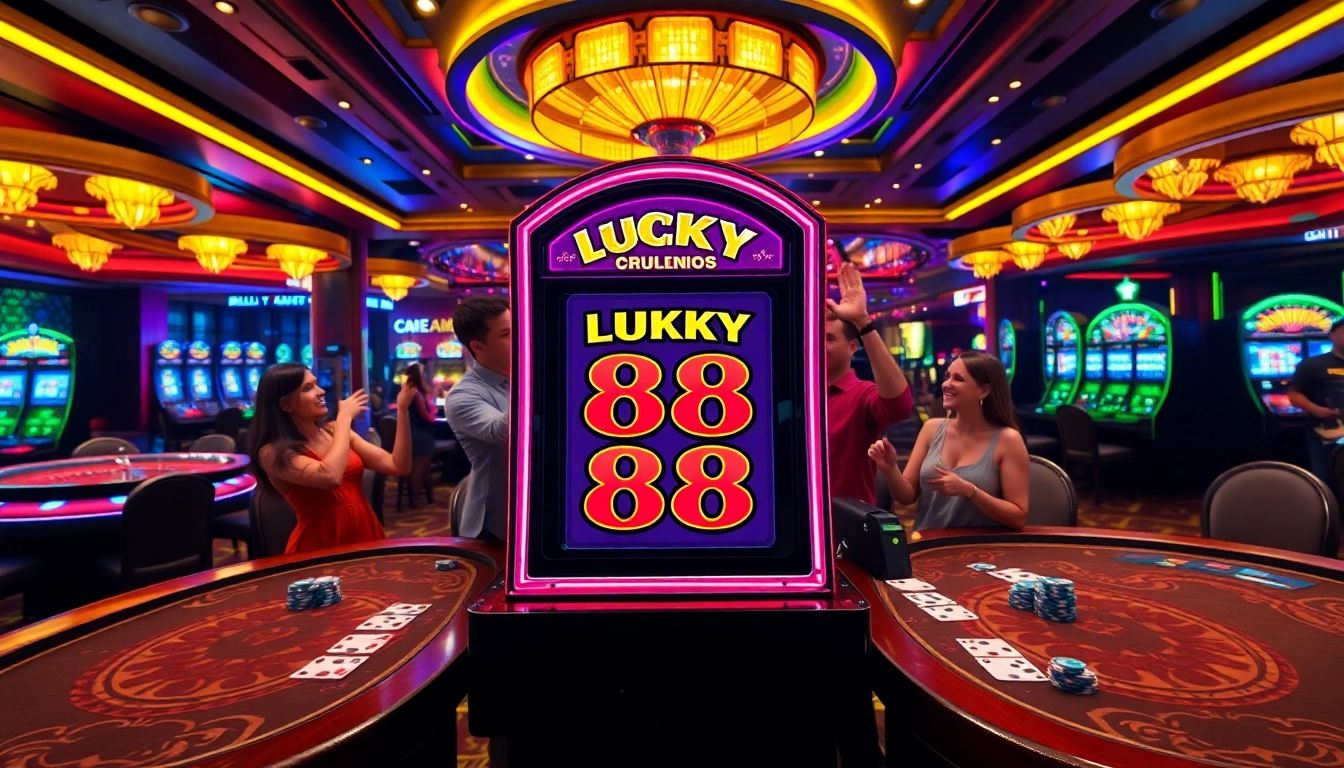 Players enjoying big wins on the LUCKY88 slot machine in an exciting casino setting.