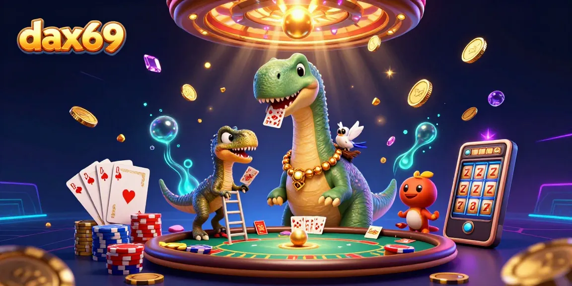 Dax69 menghadirkan ilustrasi kasino digital yang menang dengan brontosaurus dan raptor, memanfaatkan suasana bermain yang seru.