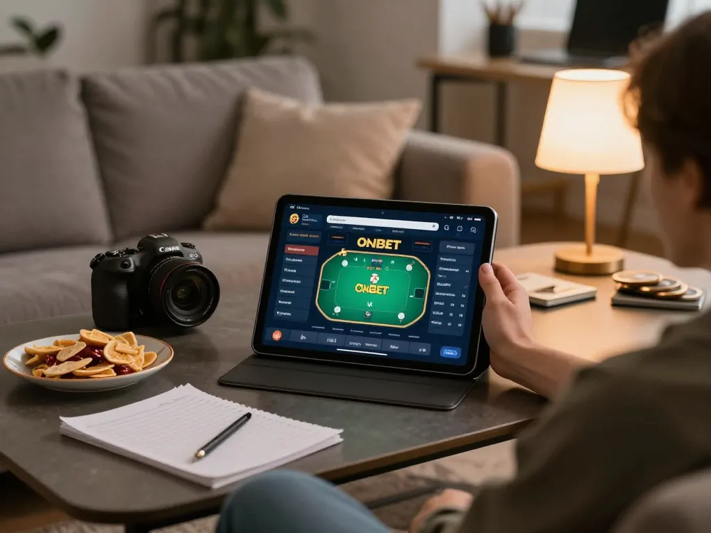 Person enjoying the OnBet app on a tablet during a cozy home gaming session