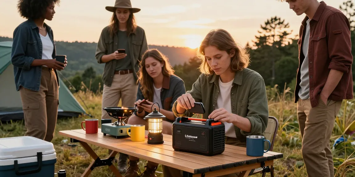 Group using a batterie lifepo4 to charge devices at a camping site amidst a beautiful forest landscape.