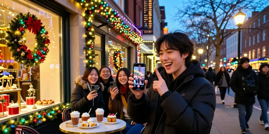 Engaging holiday posts on Instagram featuring a joyful influencer posing with friends in a festive urban setting.