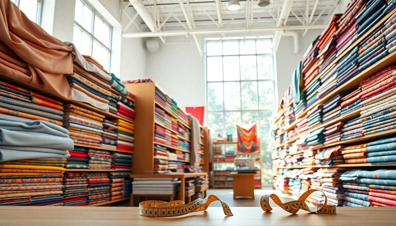 Bekijk stoffen winkel online met diverse stoffen in een kleurrijke en creatieve omgeving.