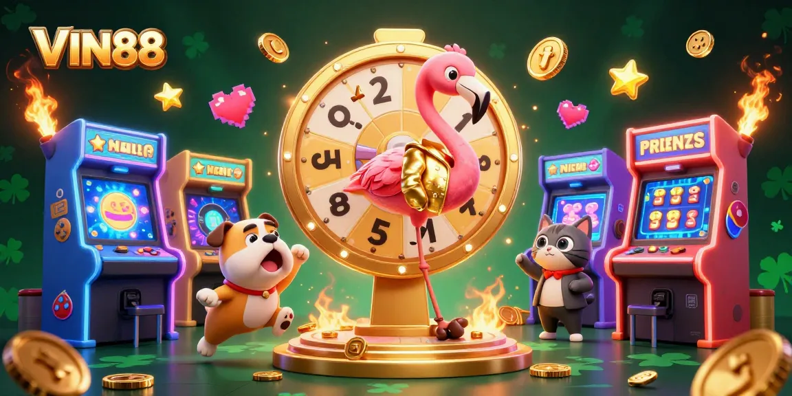 Spin the VIN88 prize wheel with animated characters bringing excitement to the casino scene.