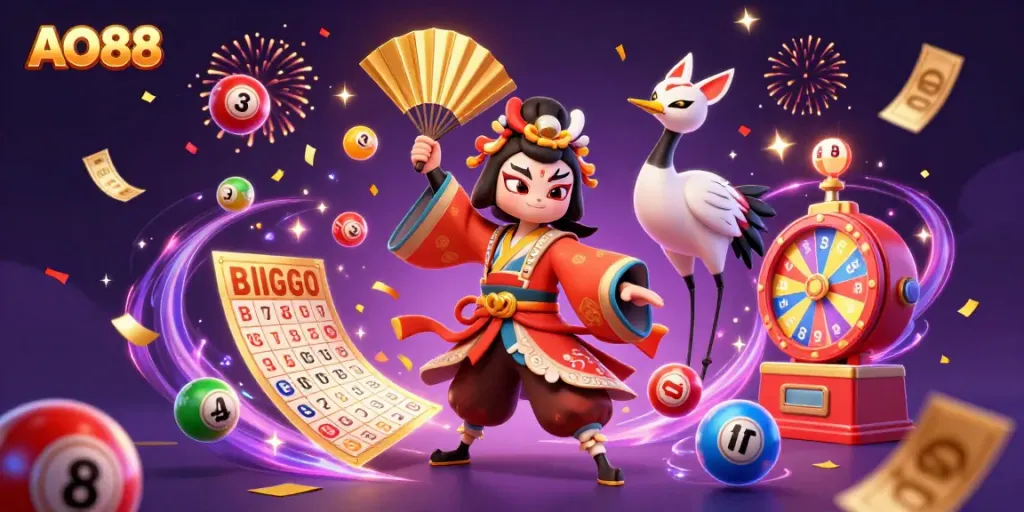 AO88 shines with vibrant lottery elements in a celebratory 3D illustration featuring a kabuki warrior and kitsune mask companion.