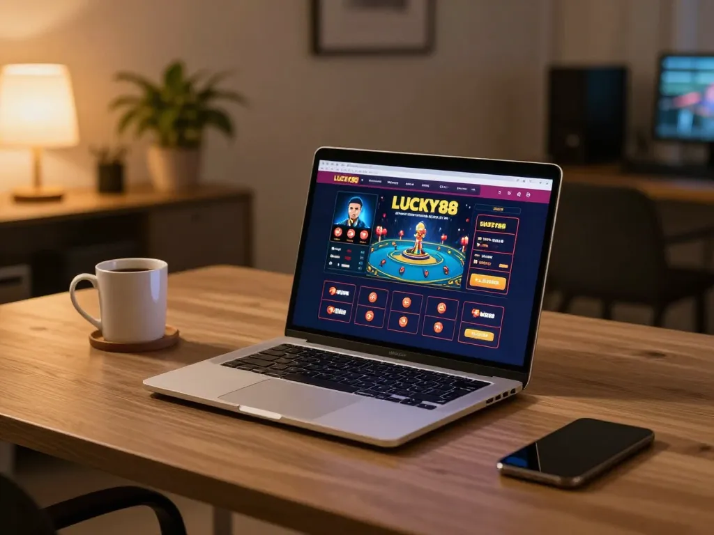 Player enjoying a strategic session on LUCKY88's online casino platform in a cozy home setting.
