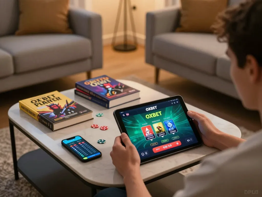 Engaging in live dealer gameplay using the OXBET app on a tablet in a cozy home setting