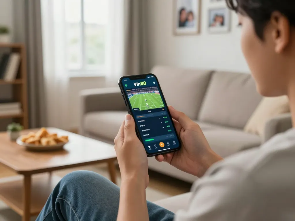 Vin88 mobile sports betting experience with user engaged in live betting at home.