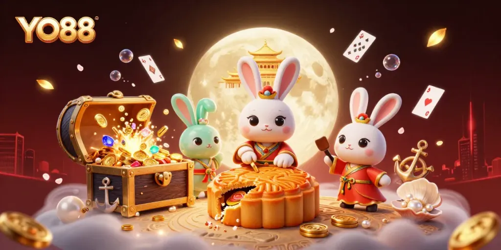 Spin to win at YO88 with the moon rabbit and vibrant casino elements in a captivating scene.