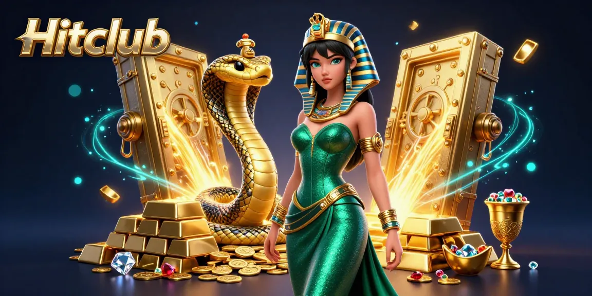 Immerse in the excitement of Hitclub with a stunning 3D illustration of a glamorous woman, golden treasures, and vibrant casino elements.