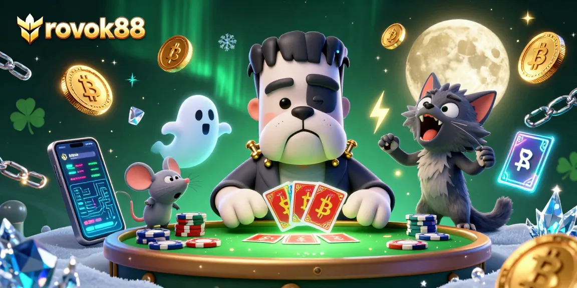 Engage in thrilling gameplay with rokok88 at a spooky casino table featuring unique characters and crypto elements.