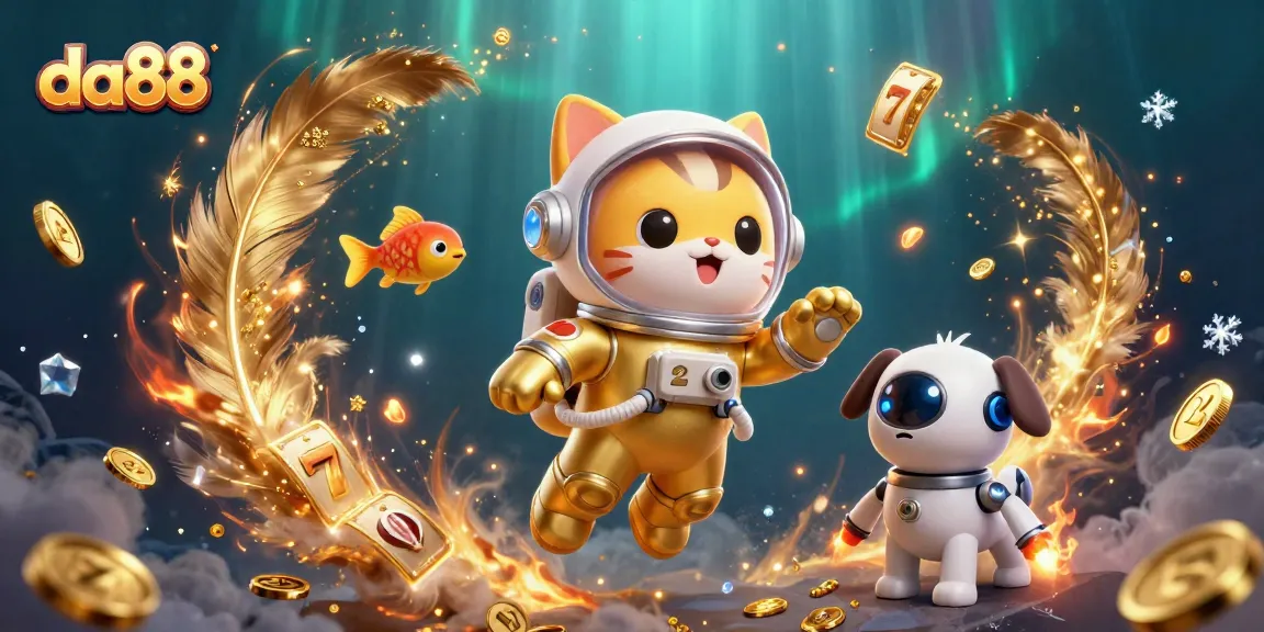 Experience winning with da88 in an exciting casino adventure featuring a space cat and robot dog.