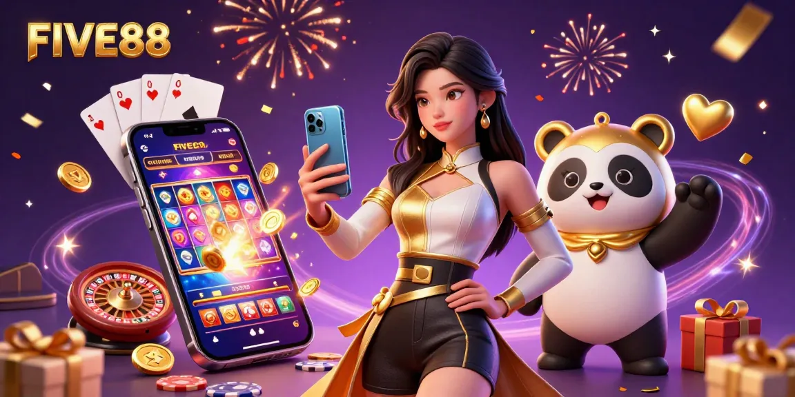 Engage with FIVE88's vibrant casino offerings featuring a woman and panda mascot amidst dynamic game elements.