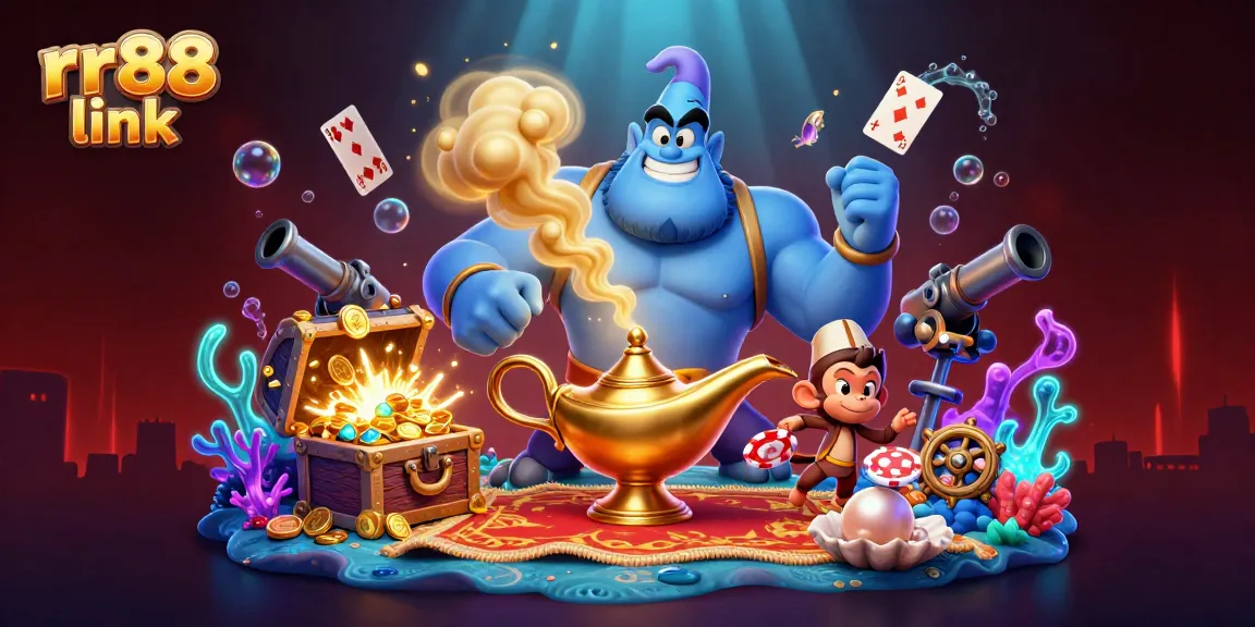 Engage with top attractions from the rr88 link casino scene featuring a magical genie, poker chips, and treasure.