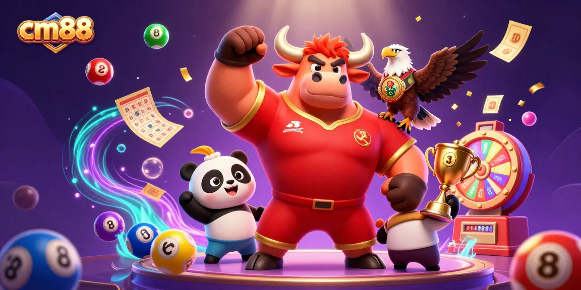 Experience the thrill of cm88 with dynamic lottery visuals and vibrant characters celebrating gaming success.