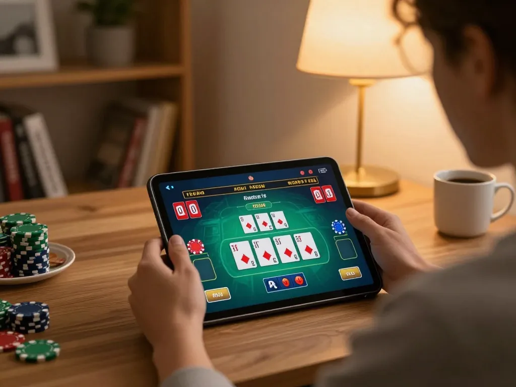 Engaged player enjoying live dealer game on gg88gs tablet in cozy home environment