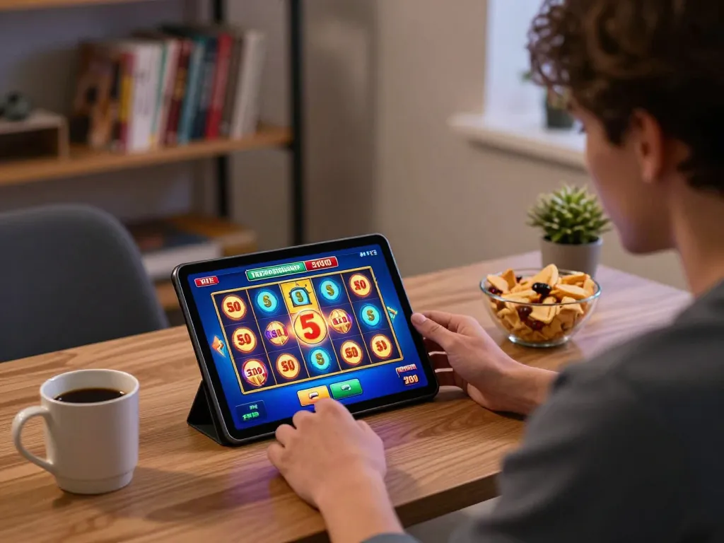 Engaging in slot deposit 5000 gameplay on tablet at home, illustrating responsible gaming.