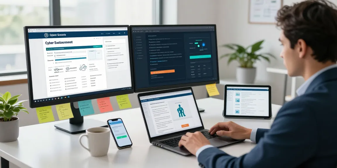 Cyber Essentials questionnaire displayed on dual monitors in a professional IT workspace, showcasing compliance assessment tools.