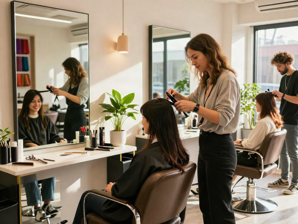 Professional hairstylist cutting hair in a bright salon at https://carbonegroupparrucchieri.it/