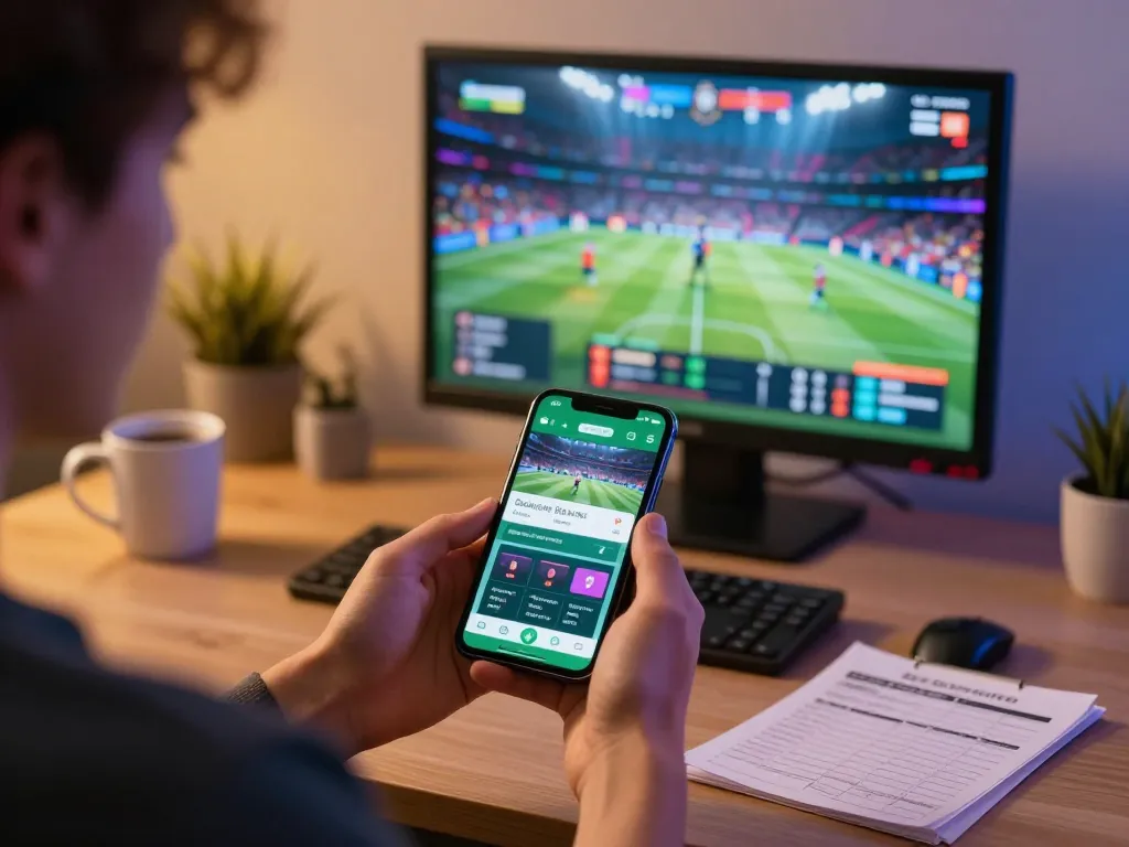 Betting on ta88ai.com with sports app on smartphone, showcasing an engaged gambler.