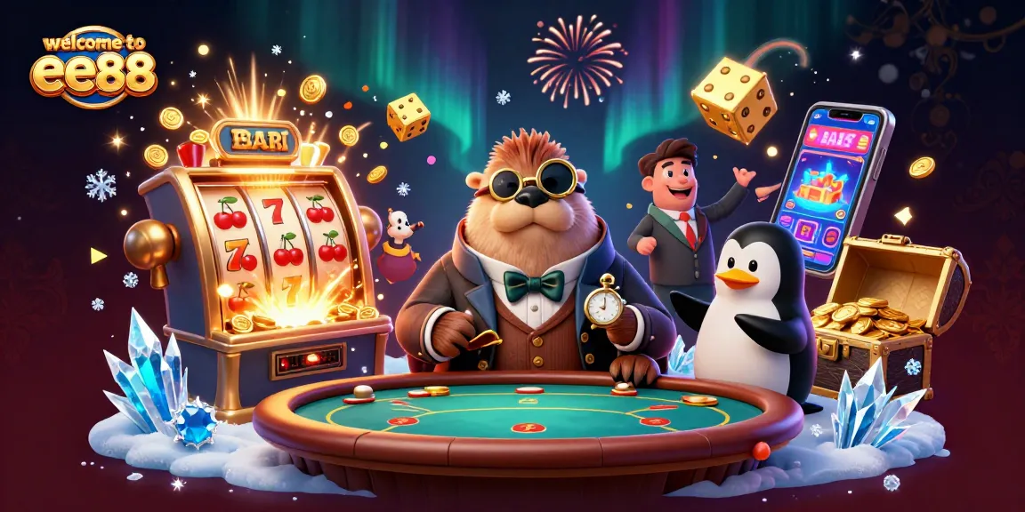Experience the excitement of welcome to ee88, with a cartoon walrus playing poker surrounded by vibrant casino elements.