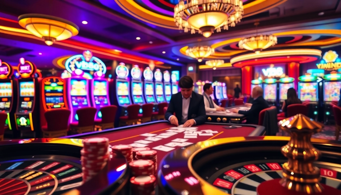 Engaging scene at vb88 casino featuring vibrant slot machines and poker table action.