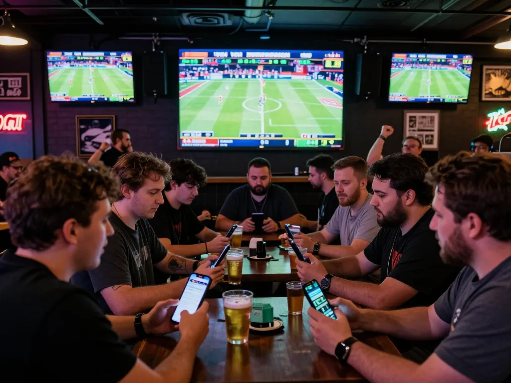 SIN88 sports betting scene showcasing fans eagerly checking their mobile apps for betting opportunities