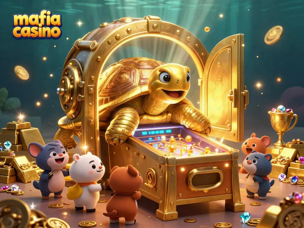 Experience the excitement of Mafia Casino with vibrant golden treasures and a playful tortoise in action.