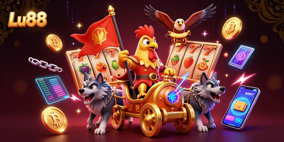 Engage with Lu88’s vibrant 3D casino illustration featuring a rooster warlord amidst rich gaming elements.