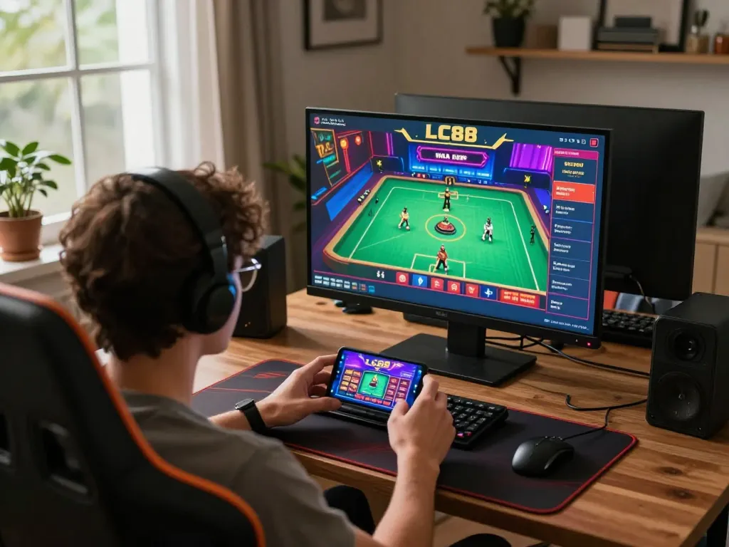 Engaging gameplay on the LC88 mobile casino app, showcasing player strategies in a cozy home setting.