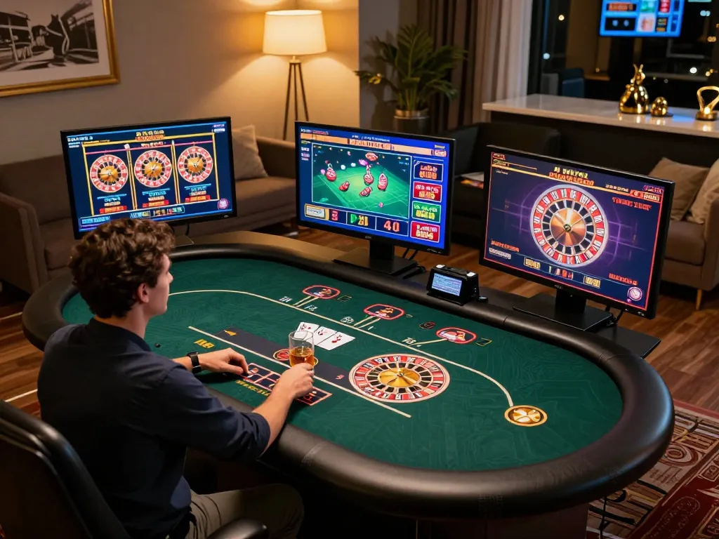 Engaging online gaming session at trang chủ F168 featuring multiple screens for poker, slots, and roulette.