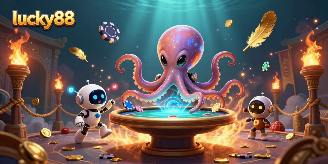 Experience thrilling gameplay at lucky88 as an alien octopus deals cards in a vibrant space casino.
