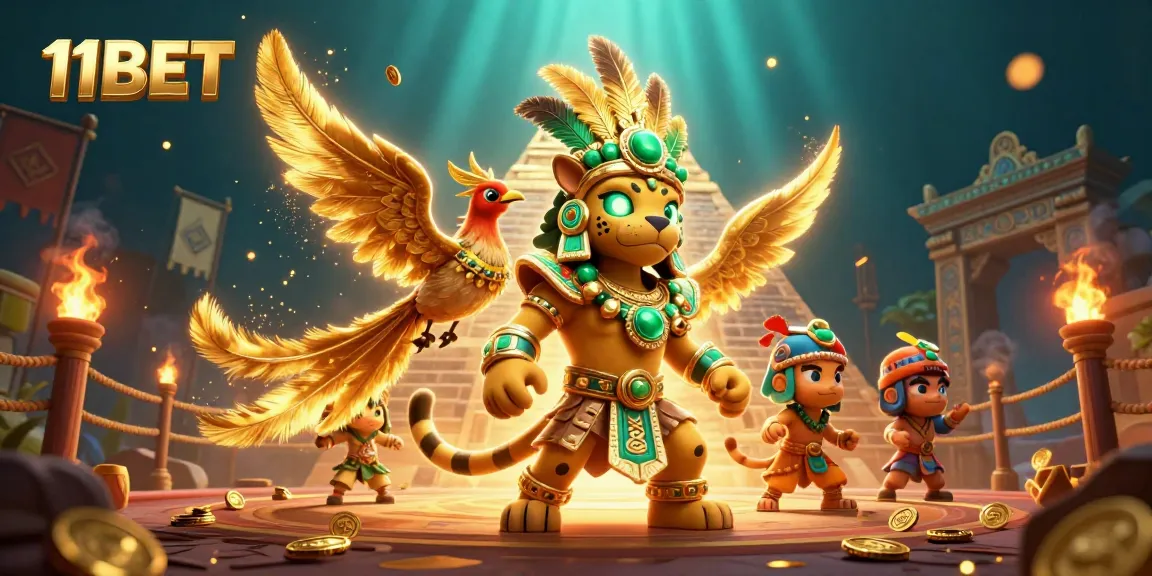 Engage in thrilling gameplay at 11BET with a vibrant scene showcasing a Mayan priest, quetzal bird, and casino elements.