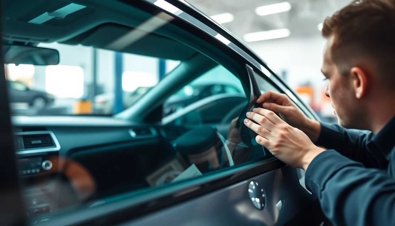 Install quality window tint near me in a car, showcasing a technician applying film professionally.