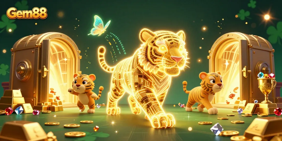 Gem88 Casino Adventure: Join the golden tiger and holographic butterflies in a vibrant digital casino.