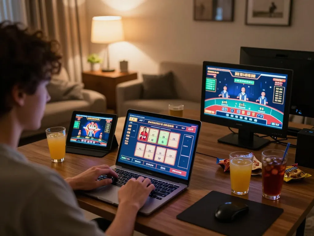 Engaged player enjoying online slots at home setup, highlighting five88 com for a premium gaming experience.