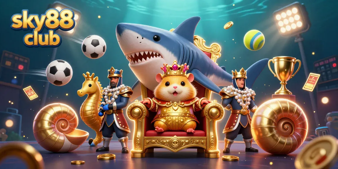 Experience the excitement of sky88 club with this vibrant, dynamic 3D gambling scene featuring casino elements.