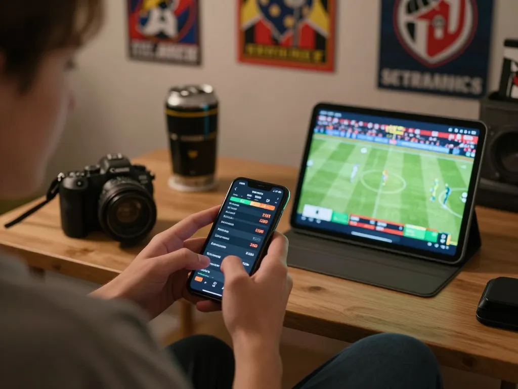 Engaging in live sports betting on FIVE88 app with smartphone and tablet displaying odds