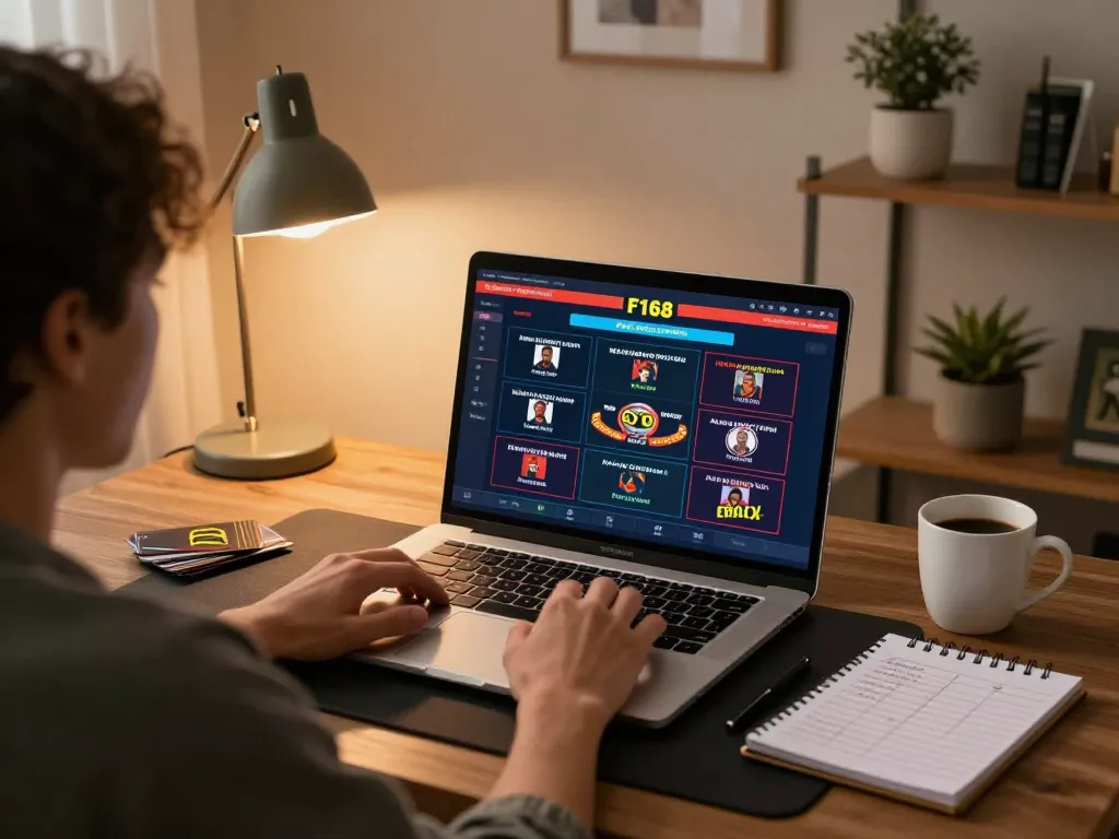 Player enjoying F168 online casino with live dealer blackjack on laptop in cozy home setting.