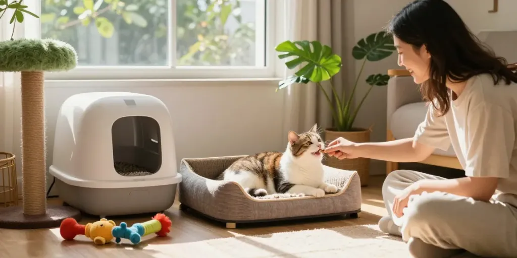 Cat gear essentials in a cozy home setup with a happy cat and owner.