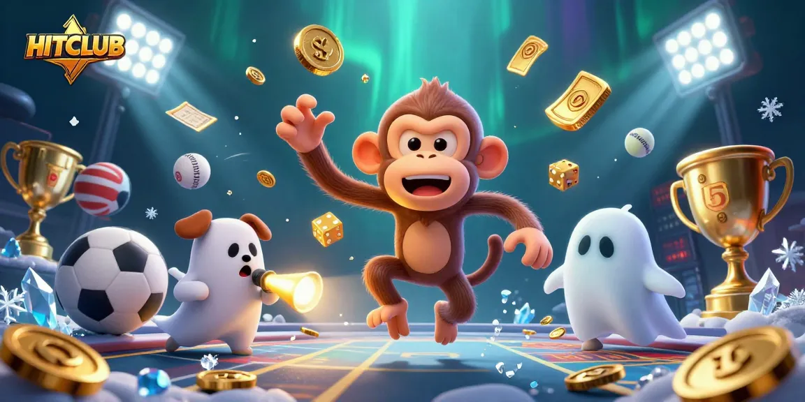 Betting excitement at HITCLUB with a ghost-hunter puppy and a mischievous poltergeist monkey in a haunted casino.