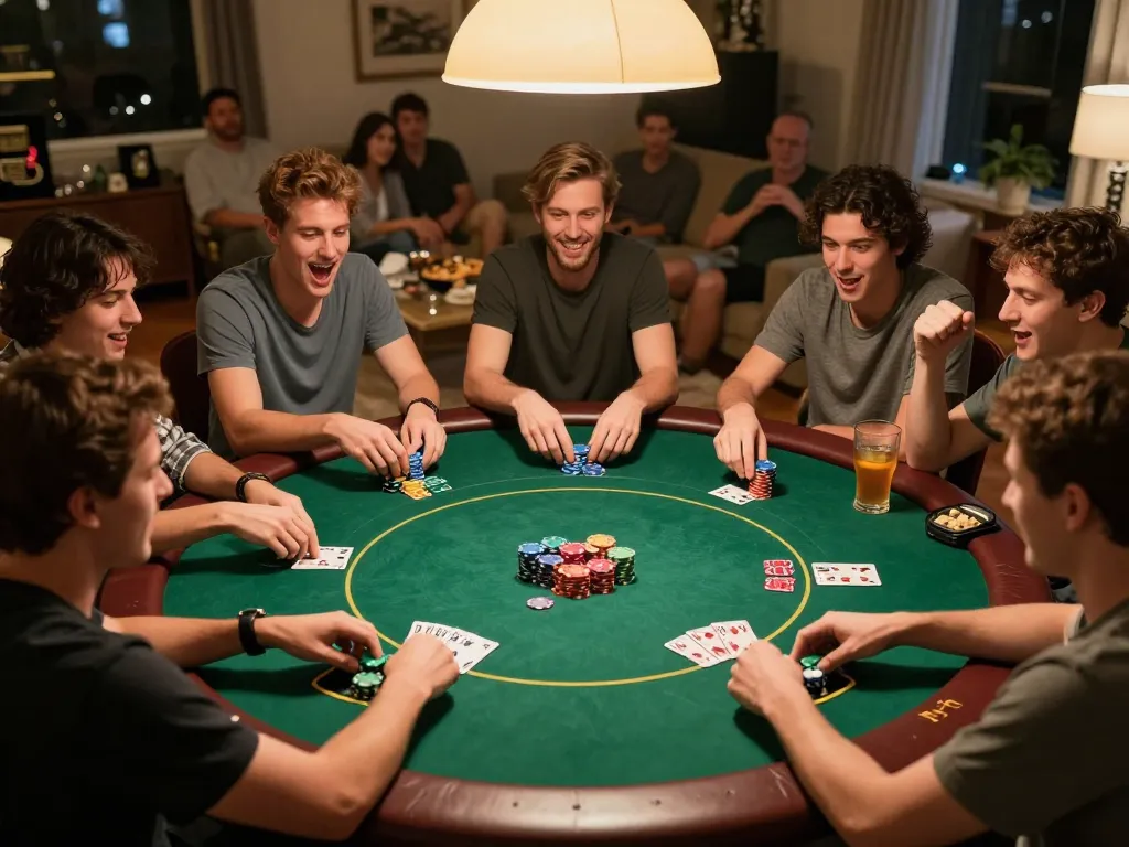 g28 poker night action with friends at home, drinks and chips visible creating an exciting atmosphere