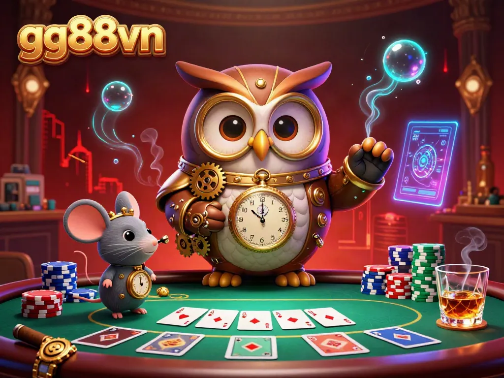 Engage with the vibrant casino atmosphere featuring gg88vn in a dynamic 3D illustration of a time-traveling owl.