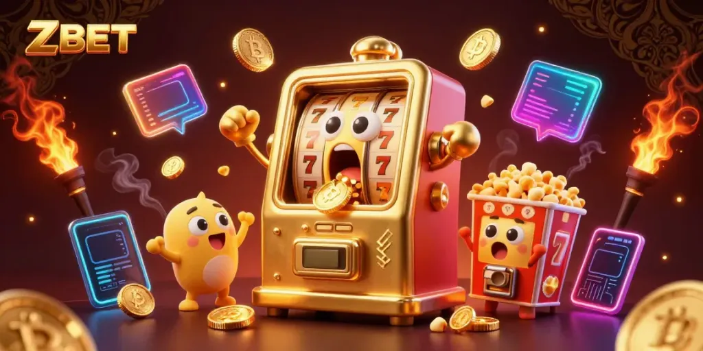 ZBET jackpot celebration with a golden slot machine and baby slot machines cheering.
